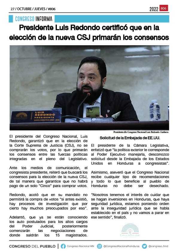 Presidente Luis Redondo certificó que en la elección de la nueva CSJ primarán los consensos